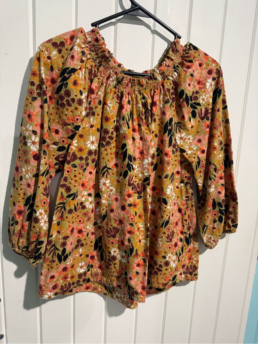 Sonoma Mustard Floral Elastic Neck Peasant Blouse